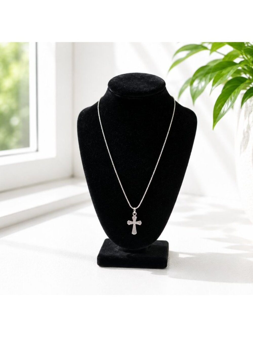 Silver Cross Pendant Necklace With Chain - Vintage Religious Jewelry - 24 Inches
